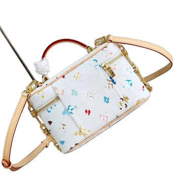 Kozmetička torbica s monogramom Takashi Murakami, bijela trobojna PVC, mala, ručni drški i lancem za rame za žene