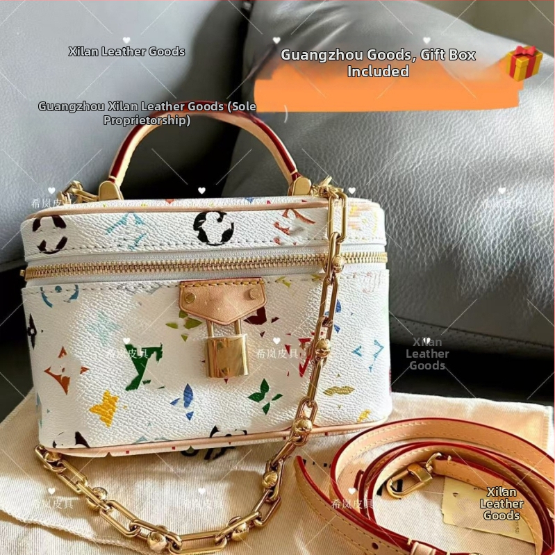 Kozmetička torbica s monogramom Takashi Murakami, bijela trobojna PVC, mala, ručni drški i lancem za rame za žene
