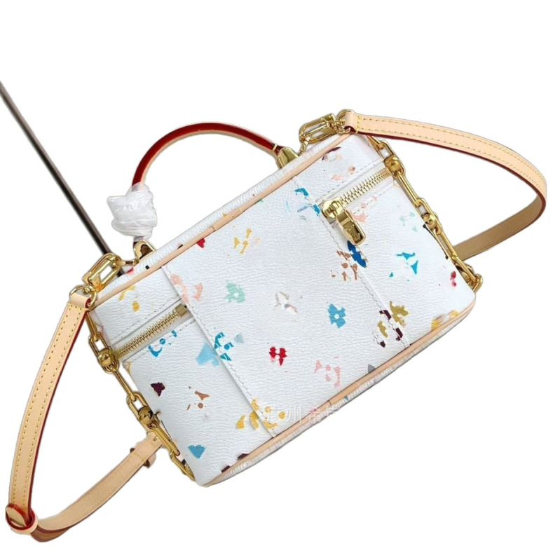 Kozmetička torbica s monogramom Takashi Murakami, bijela trobojna PVC, mala, ručni drški i lancem za rame za žene
