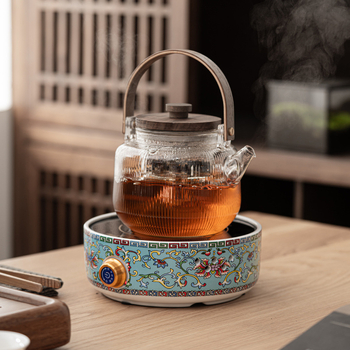 Ceainic ceramic electric cu glazură emailată, sticlă rezistentă la căldură, design floral compact
