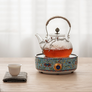 Ceainic ceramic electric cu glazură emailată, sticlă rezistentă la căldură, design floral compact