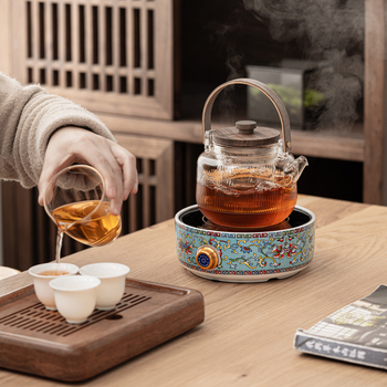Ceainic ceramic electric cu glazură emailată, sticlă rezistentă la căldură, design floral compact