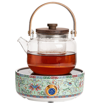 Ceainic ceramic electric cu glazură emailată, sticlă rezistentă la căldură, design floral compact