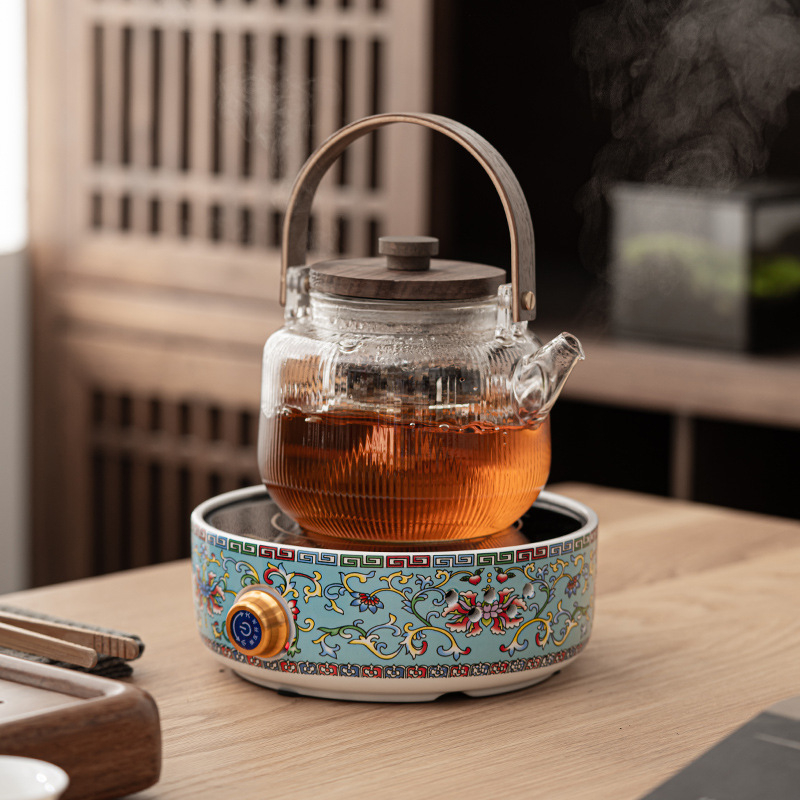 Ceainic ceramic electric cu glazură emailată, sticlă rezistentă la căldură, design floral compact
