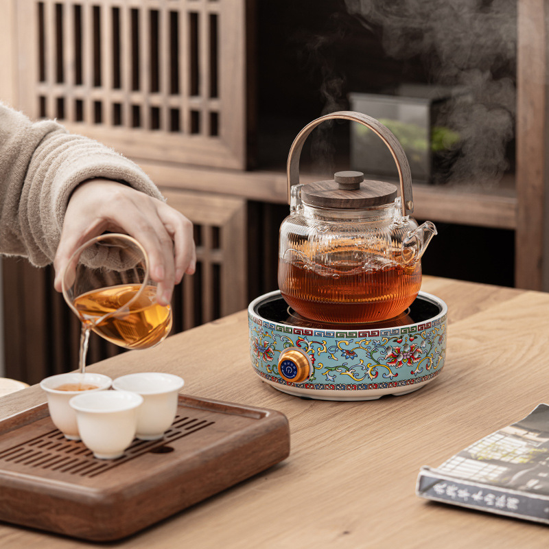 Ceainic ceramic electric cu glazură emailată, sticlă rezistentă la căldură, design floral compact