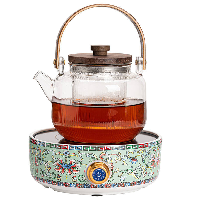 Ceainic ceramic electric cu glazură emailată, sticlă rezistentă la căldură, design floral compact