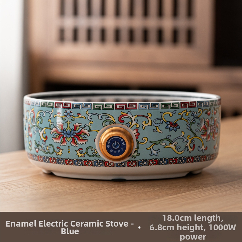 Ceainic ceramic electric cu glazură emailată, sticlă rezistentă la căldură, design floral compact