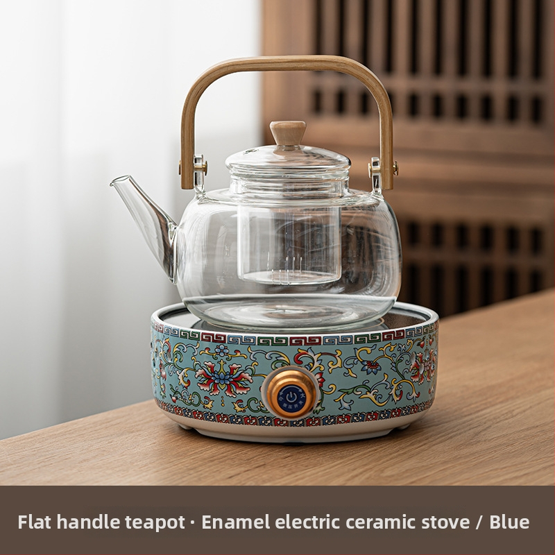 Ceainic ceramic electric cu glazură emailată, sticlă rezistentă la căldură, design floral compact