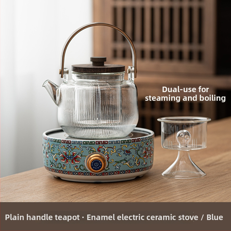 Ceainic ceramic electric cu glazură emailată, sticlă rezistentă la căldură, design floral compact