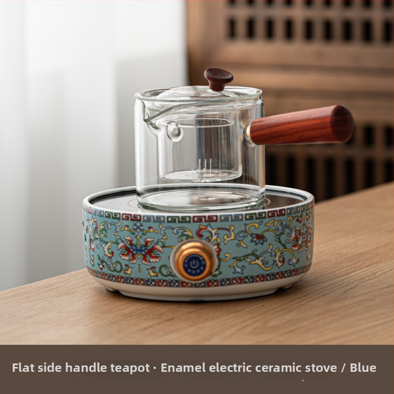 Ceainic ceramic electric cu glazură emailată, sticlă rezistentă la căldură, design floral compact