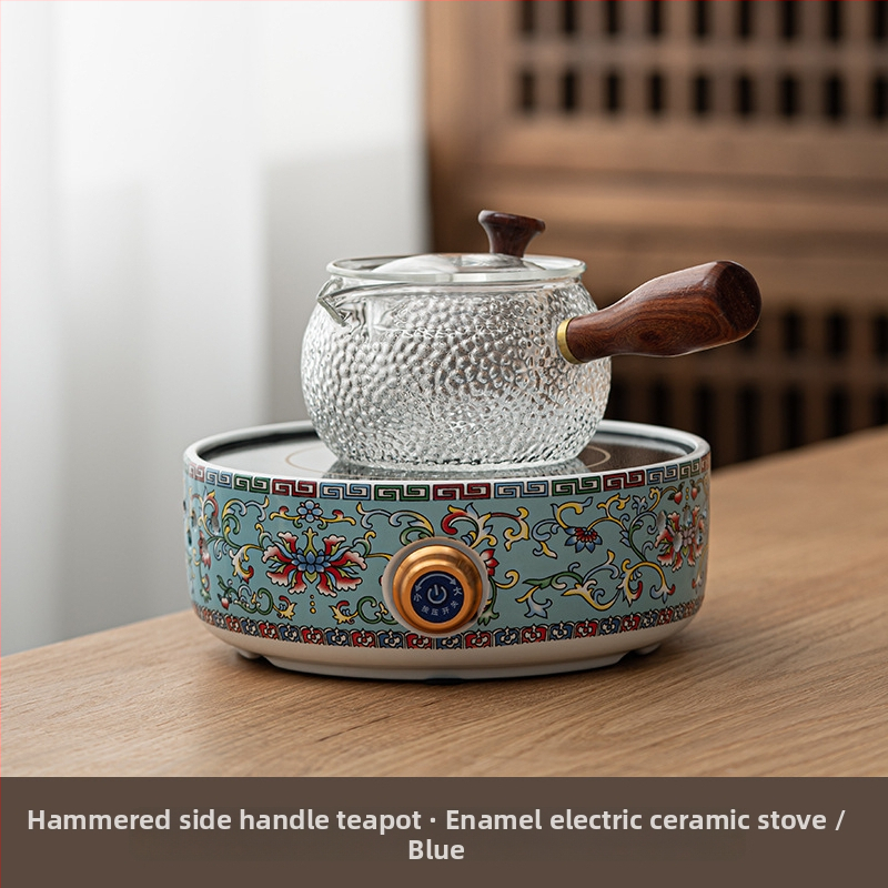 Ceainic ceramic electric cu glazură emailată, sticlă rezistentă la căldură, design floral compact