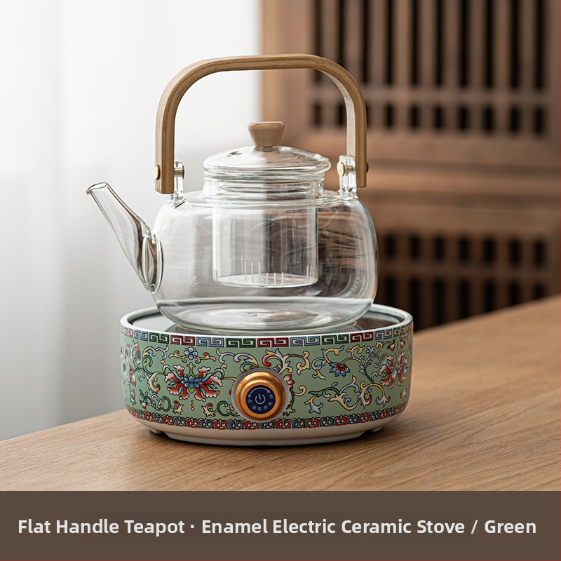 Ceainic ceramic electric cu glazură emailată, sticlă rezistentă la căldură, design floral compact
