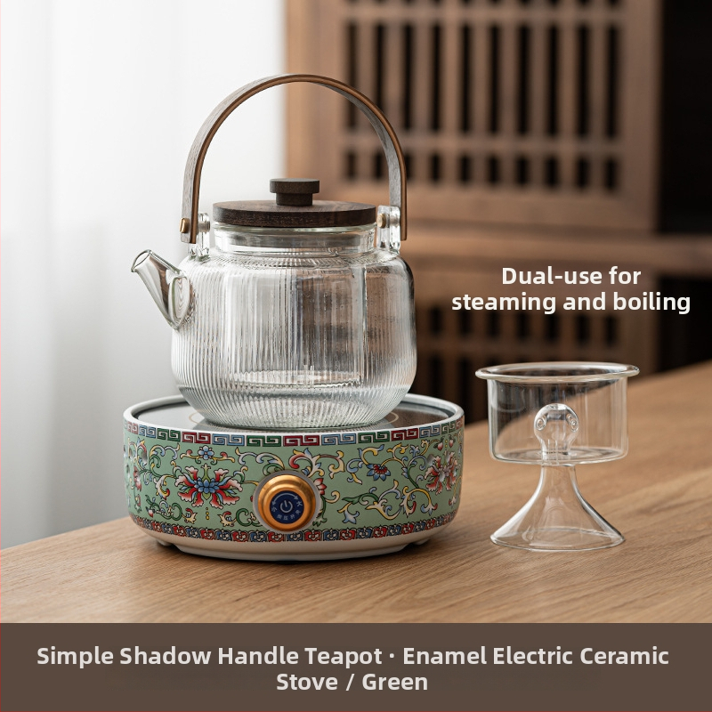 Ceainic ceramic electric cu glazură emailată, sticlă rezistentă la căldură, design floral compact