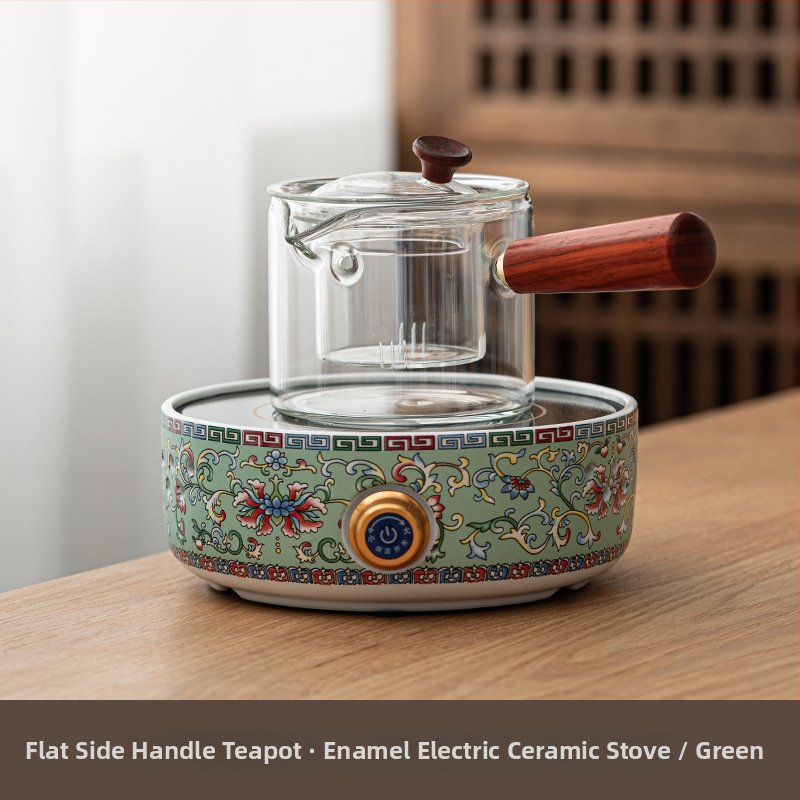 Ceainic ceramic electric cu glazură emailată, sticlă rezistentă la căldură, design floral compact