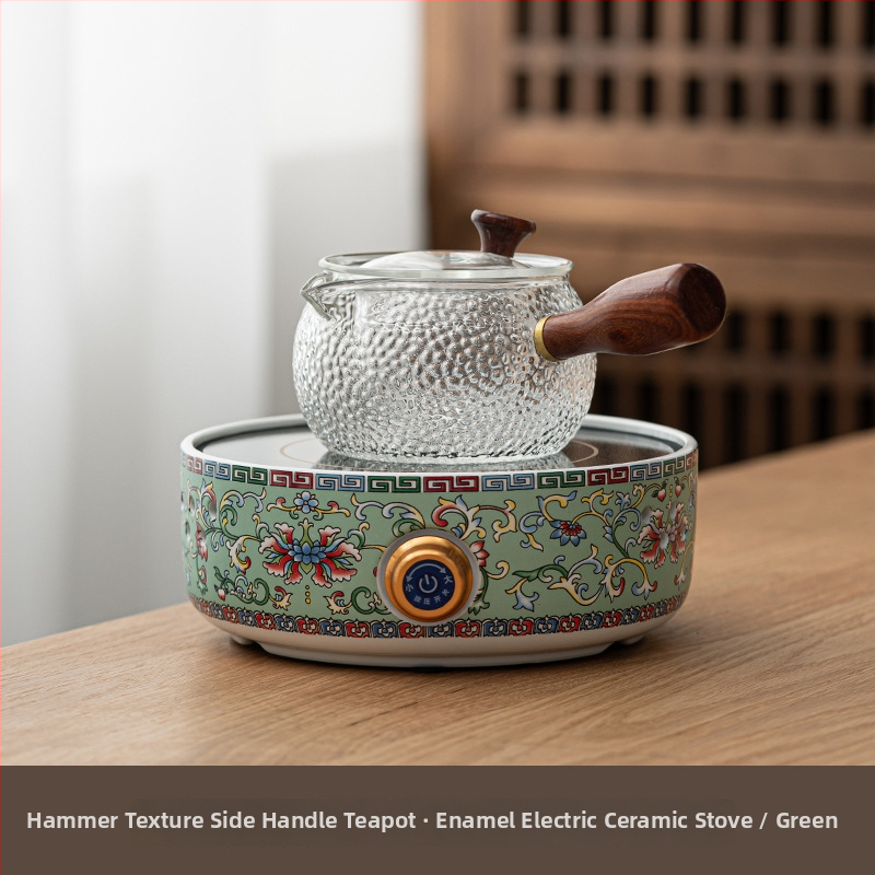 Ceainic ceramic electric cu glazură emailată, sticlă rezistentă la căldură, design floral compact