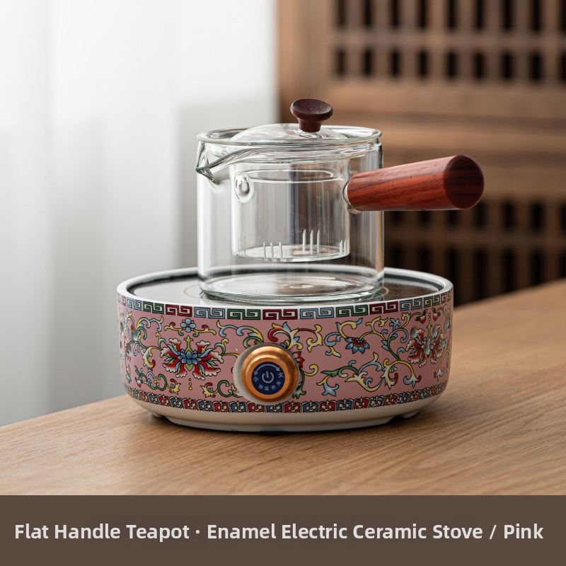 Ceainic ceramic electric cu glazură emailată, sticlă rezistentă la căldură, design floral compact