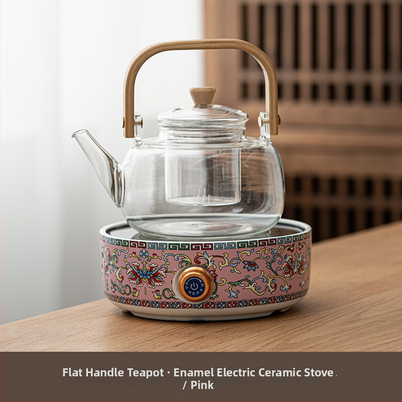 Ceainic ceramic electric cu glazură emailată, sticlă rezistentă la căldură, design floral compact