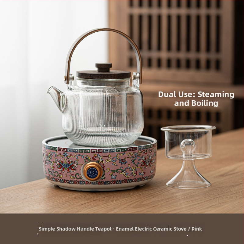 Ceainic ceramic electric cu glazură emailată, sticlă rezistentă la căldură, design floral compact