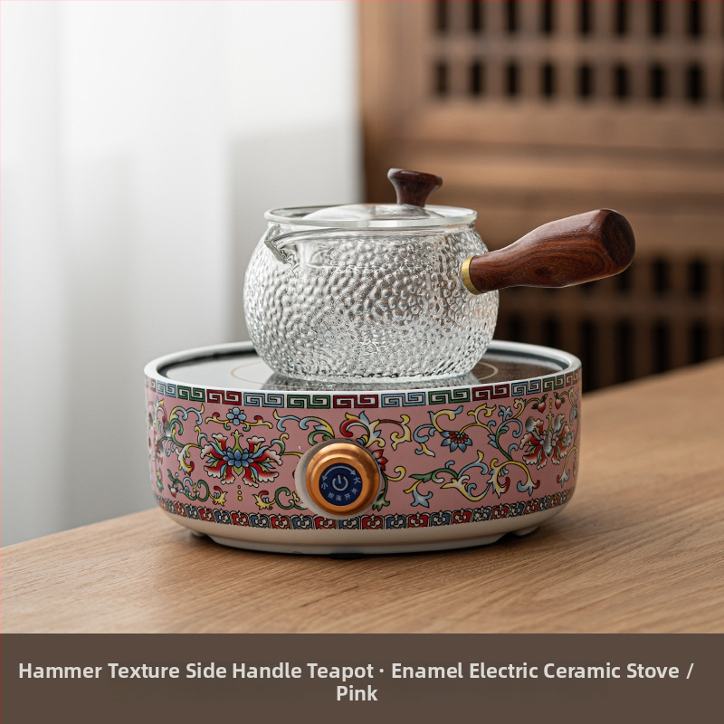 Ceainic ceramic electric cu glazură emailată, sticlă rezistentă la căldură, design floral compact