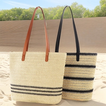Prugasta tkanina od papirnog užeta, velika kapaciteta, preko ramena, plažna torba za žene
