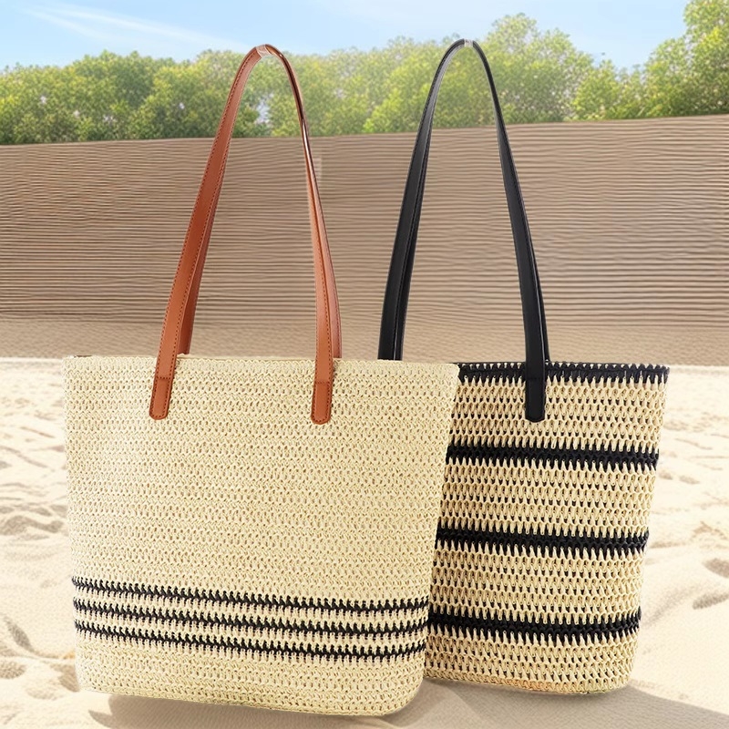 Prugasta tkanina od papirnog užeta, velika kapaciteta, preko ramena, plažna torba za žene