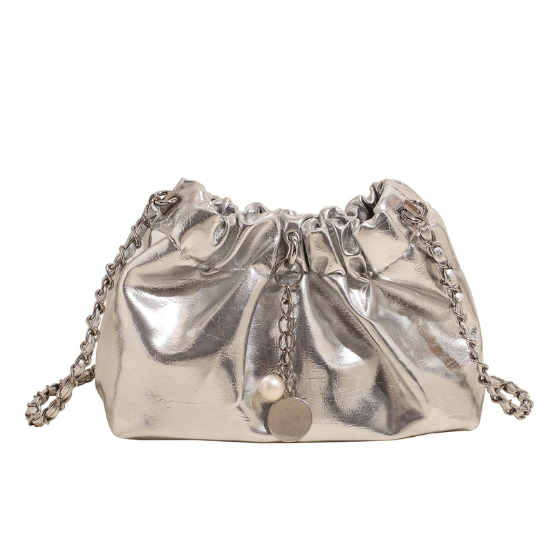 Ljetna luksuzna ženska crossbody torba s lancem, model 2024, srebrna bucket torba sa vezicom, dizajn oblaka