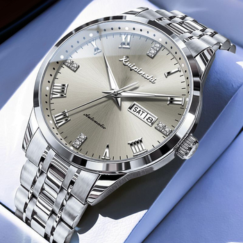 Ruipinshi férfi üzleti karóra - áttetsző hátlappal, kvarc mozgás, 42 mm-es számlap, gravírozás? rozsdamentes acél szíj, 30 m-es vízállóság, világító mutatók, modern stílus
