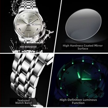 Ruipinshi férfi üzleti karóra - áttetsző hátlappal, kvarc mozgás, 42 mm-es számlap, gravírozás? rozsdamentes acél szíj, 30 m-es vízállóság, világító mutatók, modern stílus