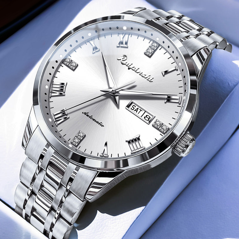 Ruipinshi férfi üzleti karóra - áttetsző hátlappal, kvarc mozgás, 42 mm-es számlap, gravírozás? rozsdamentes acél szíj, 30 m-es vízállóság, világító mutatók, modern stílus