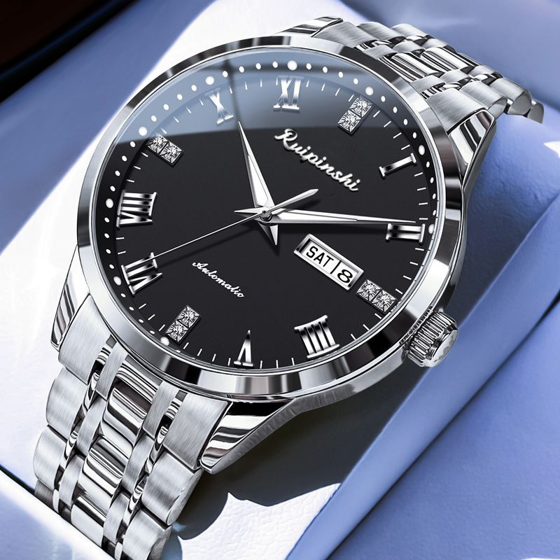 Ruipinshi férfi üzleti karóra - áttetsző hátlappal, kvarc mozgás, 42 mm-es számlap, gravírozás? rozsdamentes acél szíj, 30 m-es vízállóság, világító mutatók, modern stílus
