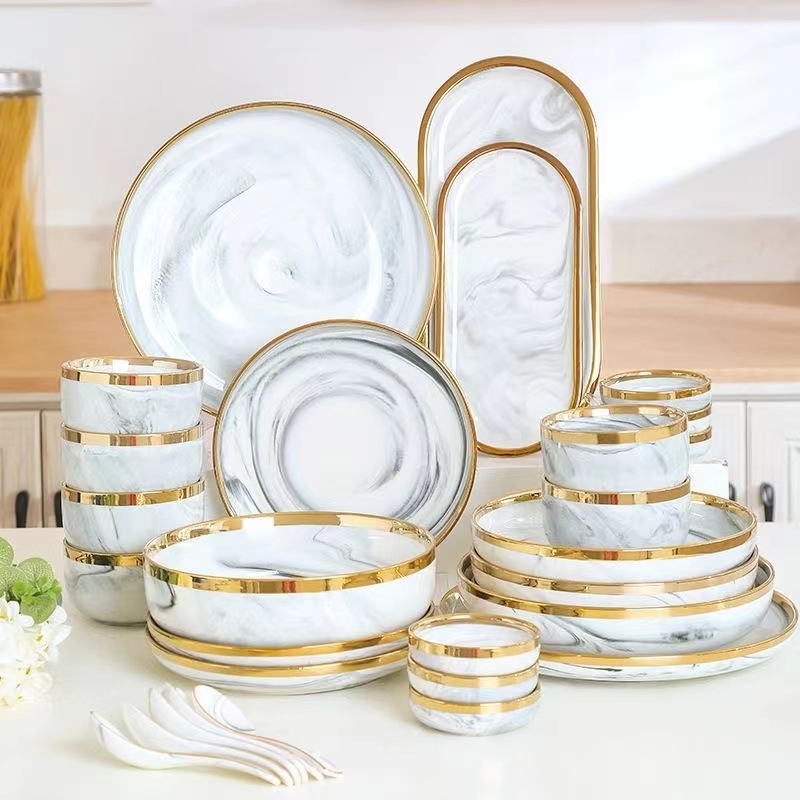 Vas de porțelan în stil nordic, cu margine aurie și model marmorat, boluri și farfurii rotunde pentru orez și supă, compatibil cu cuptorul cu microunde