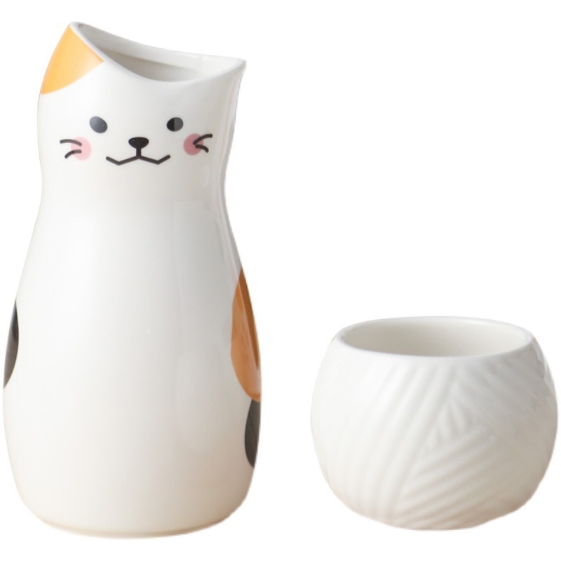 Set ceramic pentru sake în stil japonez, cu sticlă de sake și pahare de vin cu bilă de lână – cutie cadou
