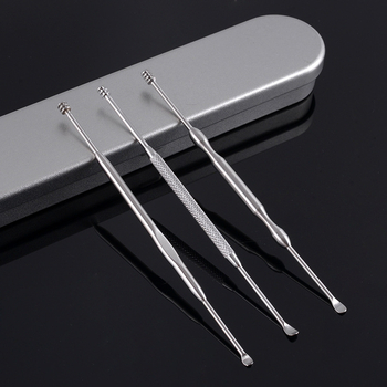 Lingură pentru urechi din oțel inoxidabil, capete duble, set de 3 piese într-o cutie metalică
