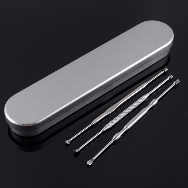 Lingură pentru urechi din oțel inoxidabil, capete duble, set de 3 piese într-o cutie metalică