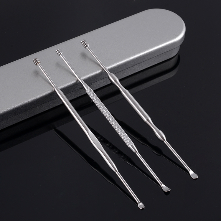 Lingură pentru urechi din oțel inoxidabil, capete duble, set de 3 piese într-o cutie metalică