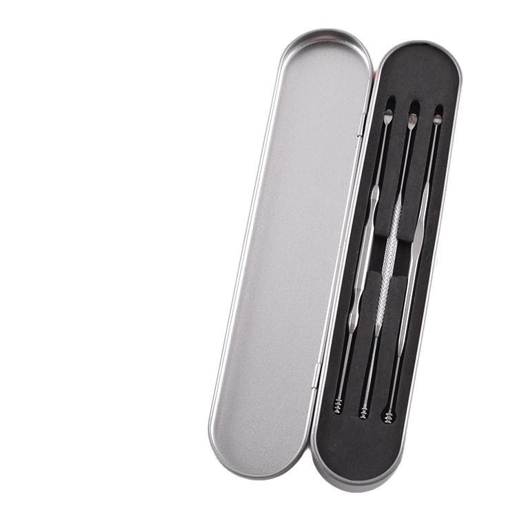 Lingură pentru urechi din oțel inoxidabil, capete duble, set de 3 piese într-o cutie metalică