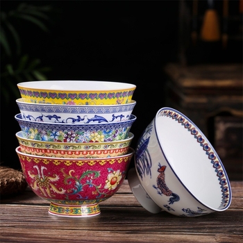 Set de boluri din porțelan osos, email ceramic, cu picior înalt, protecție împotriva arsurilor, formă rotundă, model floral, stil tradițional chinezesc, diametru 12–12,9 cm