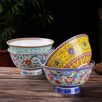 Set de boluri din porțelan osos, email ceramic, cu picior înalt, protecție împotriva arsurilor, formă rotundă, model floral, stil tradițional chinezesc, diametru 12–12,9 cm
