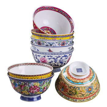Set de boluri din porțelan osos, email ceramic, cu picior înalt, protecție împotriva arsurilor, formă rotundă, model floral, stil tradițional chinezesc, diametru 12–12,9 cm