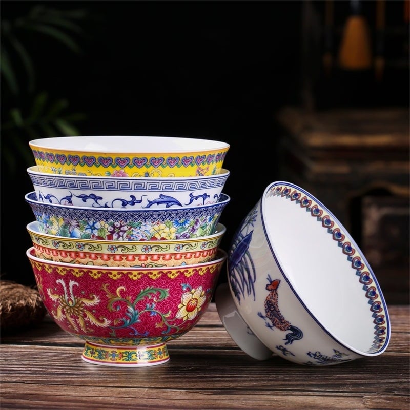 Set de boluri din porțelan osos, email ceramic, cu picior înalt, protecție împotriva arsurilor, formă rotundă, model floral, stil tradițional chinezesc, diametru 12–12,9 cm