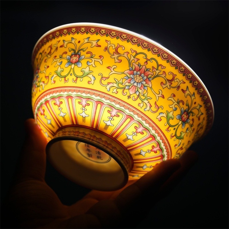 Set de boluri din porțelan osos, email ceramic, cu picior înalt, protecție împotriva arsurilor, formă rotundă, model floral, stil tradițional chinezesc, diametru 12–12,9 cm