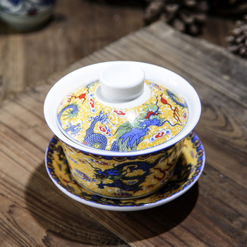 Gaiwan ceramic pentru ceai cu dragoni galbeni Shuanglong, porțelan albastru și alb, mare, trei piese cu capac, opțiune de logo