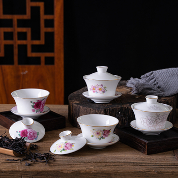 Gaiwan ceramic pentru ceai cu dragoni galbeni Shuanglong, porțelan albastru și alb, mare, trei piese cu capac, opțiune de logo