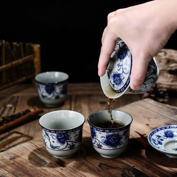 Gaiwan ceramic pentru ceai cu dragoni galbeni Shuanglong, porțelan albastru și alb, mare, trei piese cu capac, opțiune de logo