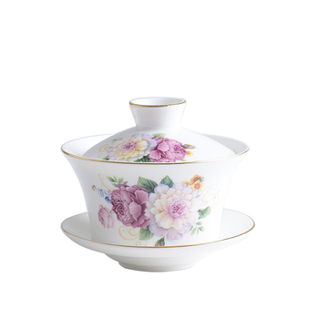 Gaiwan ceramic pentru ceai cu dragoni galbeni Shuanglong, porțelan albastru și alb, mare, trei piese cu capac, opțiune de logo
