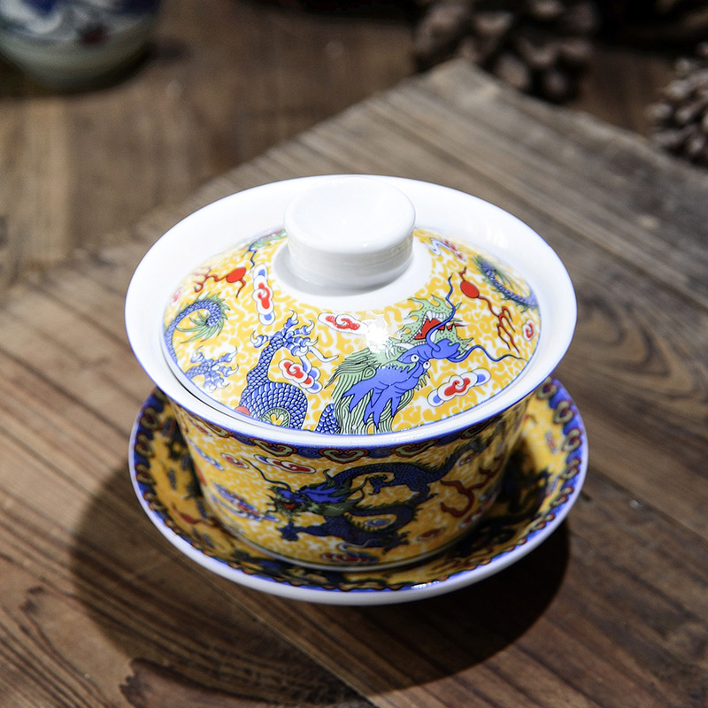 Gaiwan ceramic pentru ceai cu dragoni galbeni Shuanglong, porțelan albastru și alb, mare, trei piese cu capac, opțiune de logo