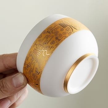 Set Gongfu de ceai placat cu aur, cu căni de porțelan — ceașcă principală în stil jad, set de două cești