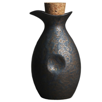 Sticlă de vin ceramică, stil japonez, retro, cu glazură negru-auriu, dop din lemn, sigilată pentru vin alb, vin galben și vin de fructe.