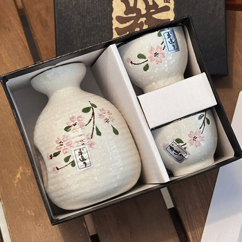 Set de sake în stil japonez, cu o oală și două pahare, recipient ceramic cu flori de cireș, pictat manual, într-o cutie cadou