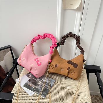 Ženska torbica s plisiranim dizajnom oblaka, crossbody torba s lancem, 2025 retro karamel boja, sladak motiv mačke